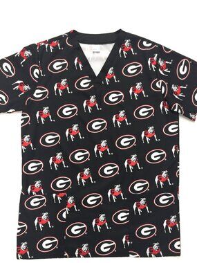 NEW Georgia Bulldogs Black Mascot & Logo Print Medical Scrub Top, Adult XL